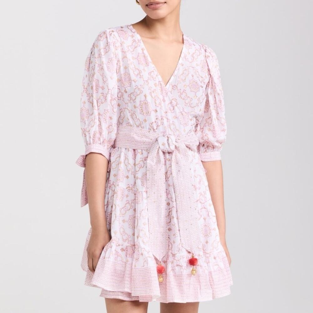 Bell by Alicia Bell Lucy Pink Gold Motif White Puff Sleeves Wrap Mini Dress XS - Picture 16 of 16
